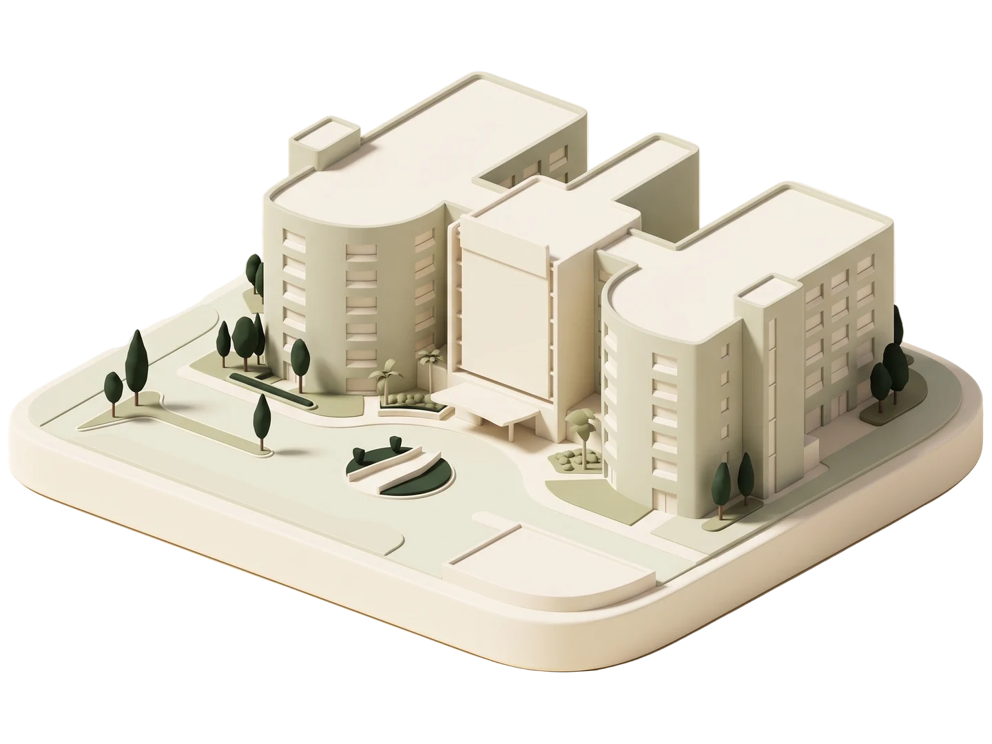 A sage and ivory clay-style illustration of West Hills Hospital in West Hills