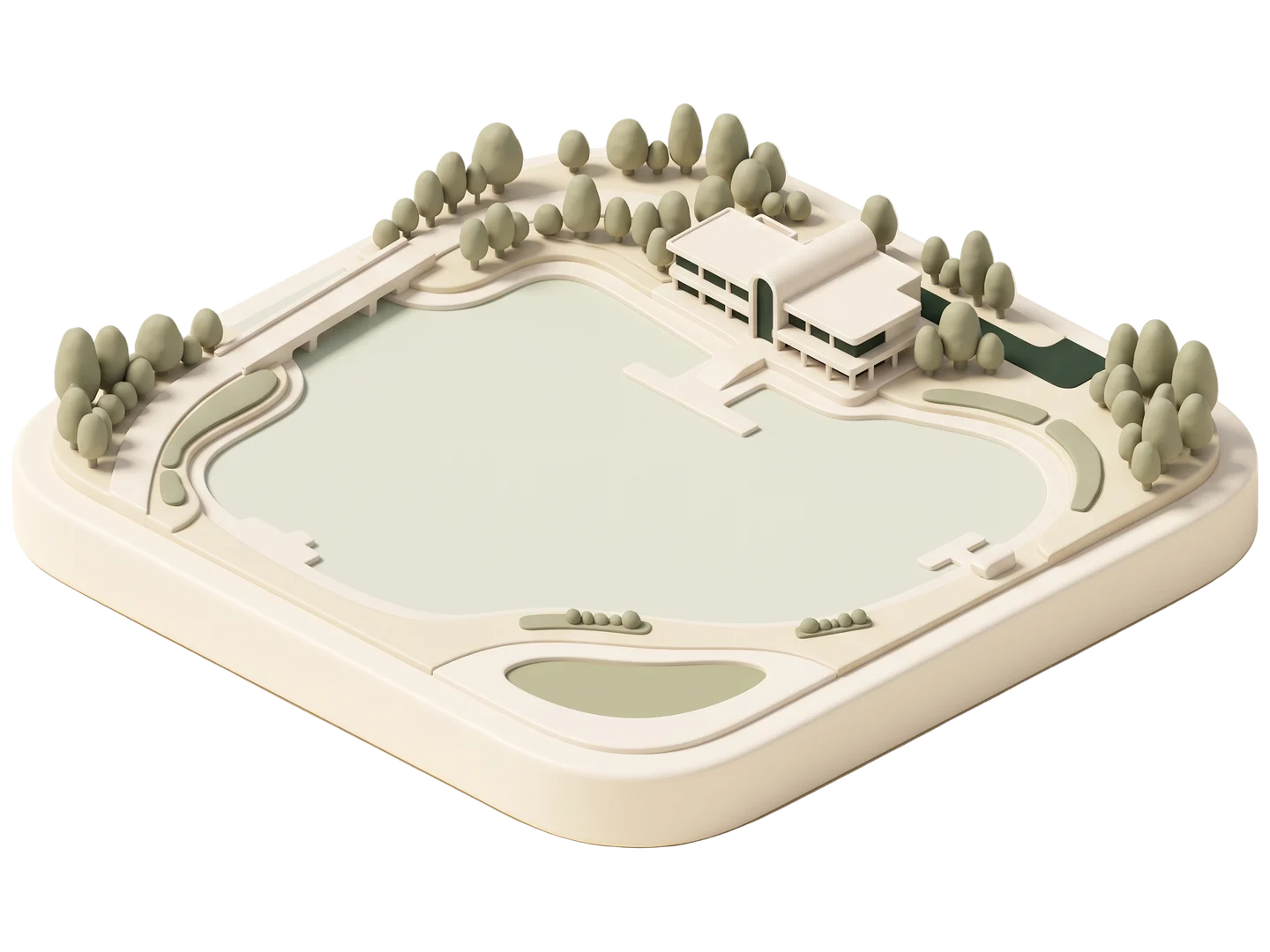 A sage and ivory clay-style illustration of Westlake Lake in Westlake Village