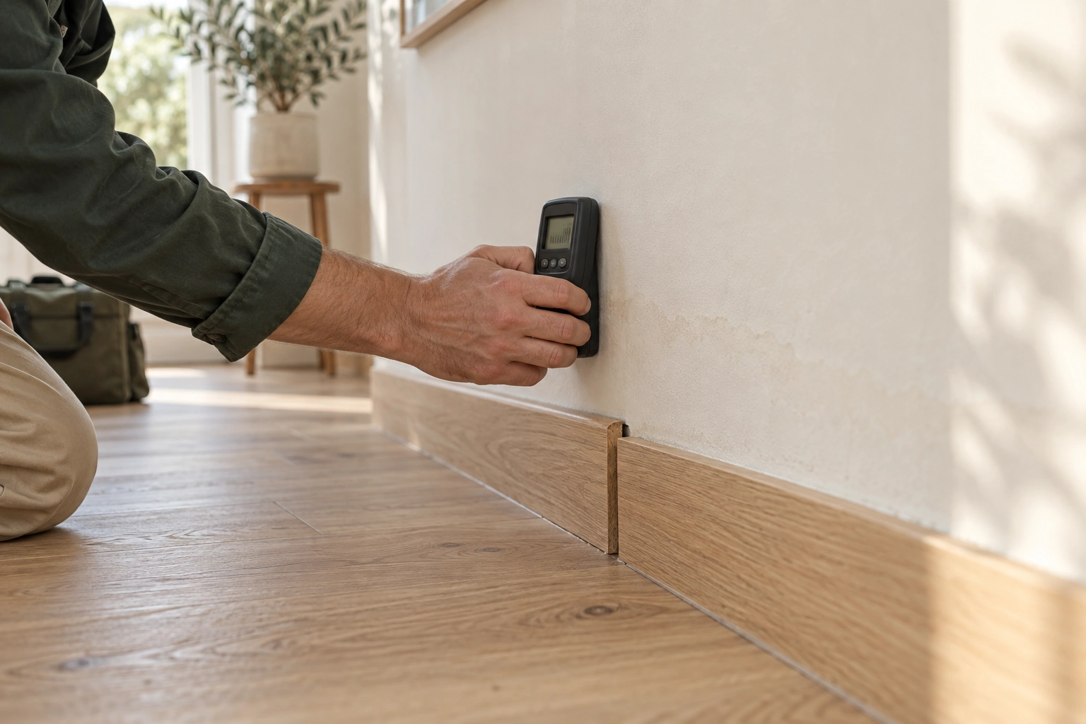 Illustrative close-up of a moisture meter checking a wall after a leak