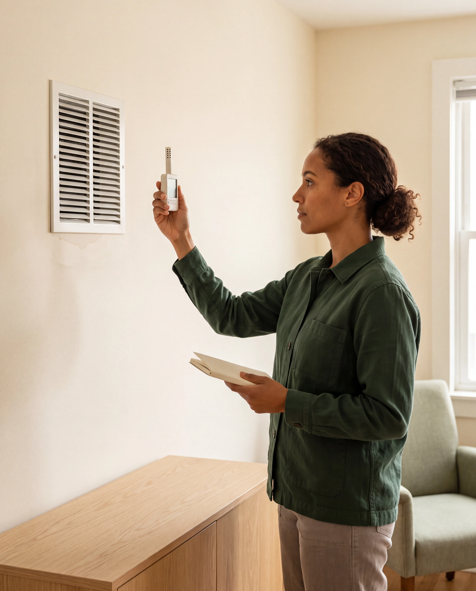 Illustrative scene of an environmental assessor taking an ambient humidity reading near an accessible return-air grille.