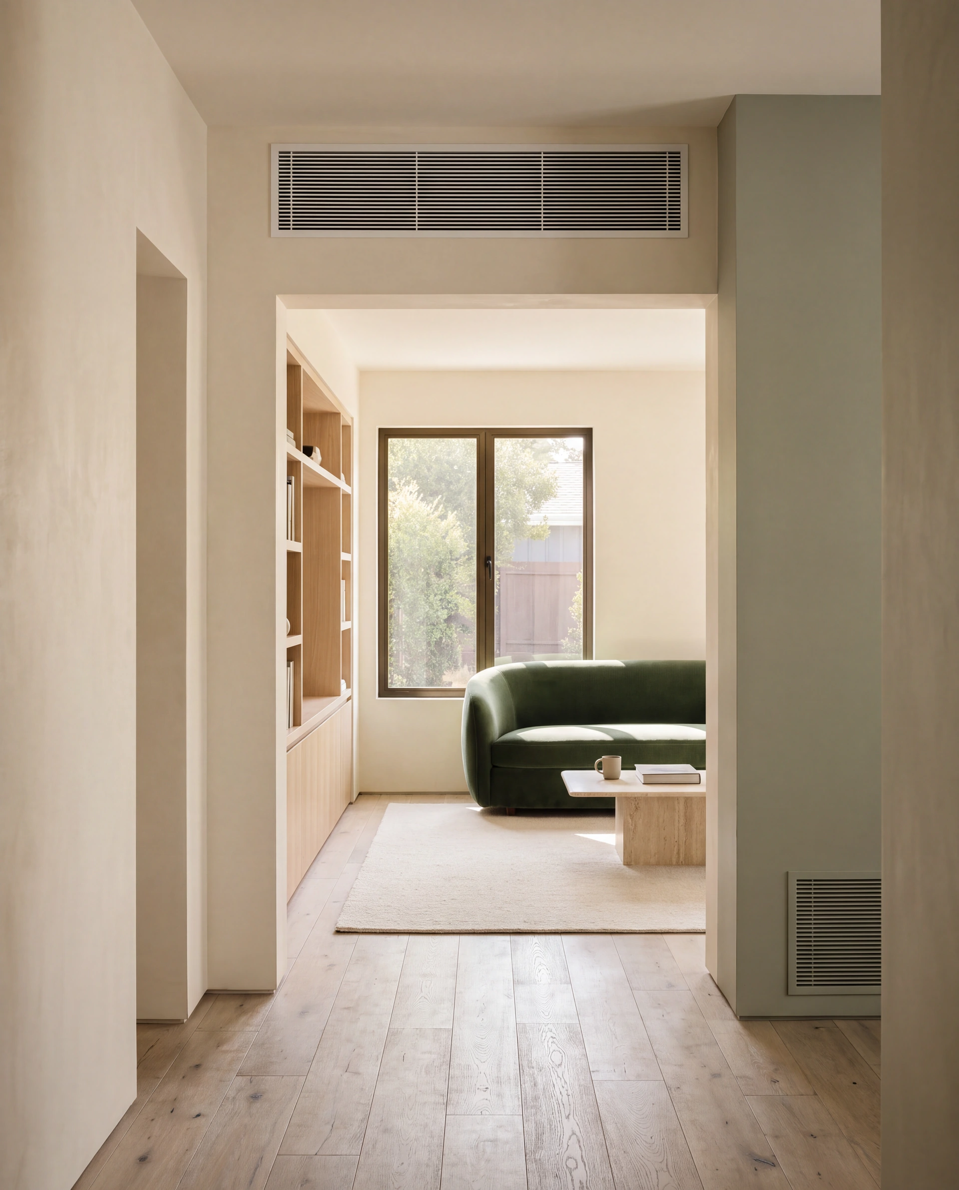 Illustrative living room with integrated supply and return vents, warm natural light, and a forest-green sofa.
