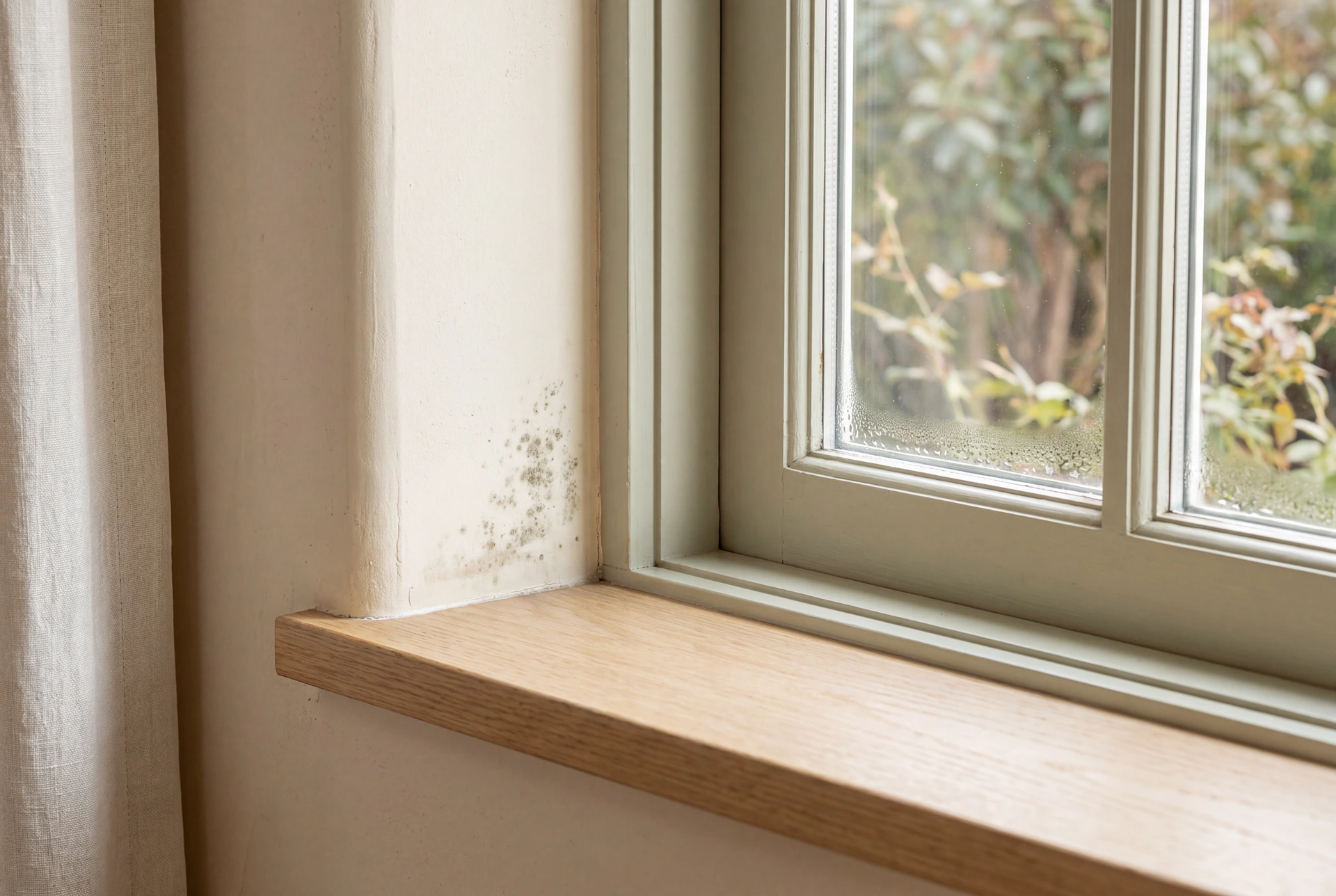Illustrative close-up of moisture staining beside an interior window, with condensation on the glass.