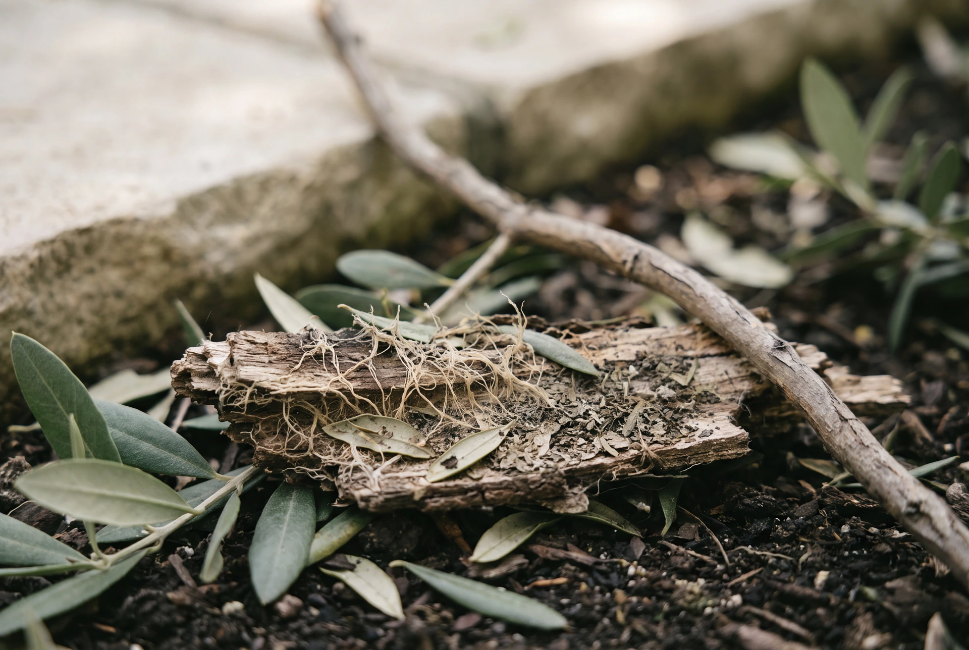 Illustrative close-up of decaying wood and fallen olive leaves on a shaded garden floor.