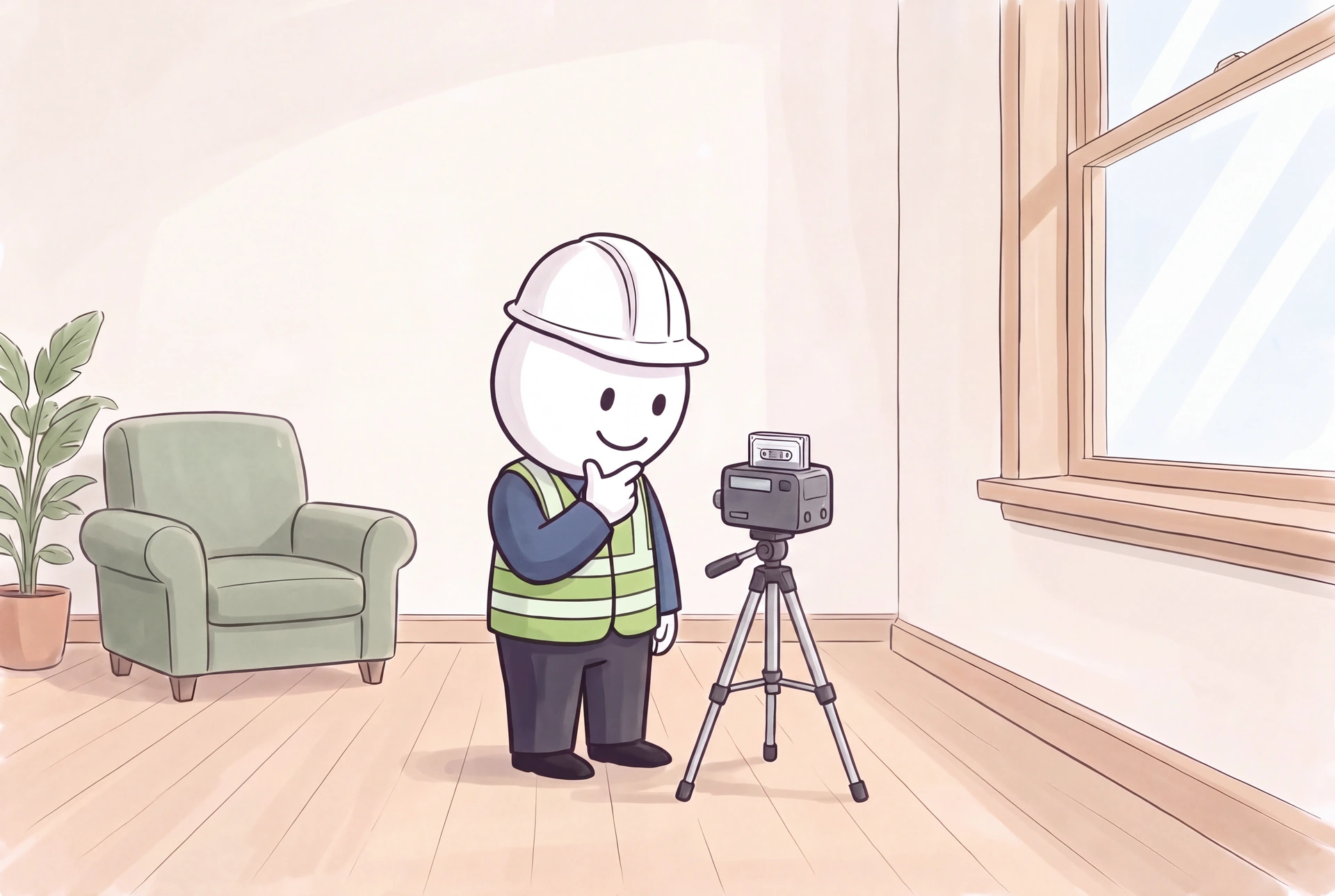 The smiling illustrated inspector checks a compact air sampler on a tripod in an ivory and sage living room.