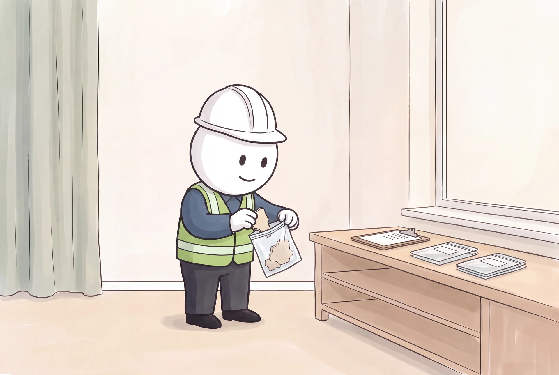 The smiling illustrated inspector places a small material sample into a protective collection bag.