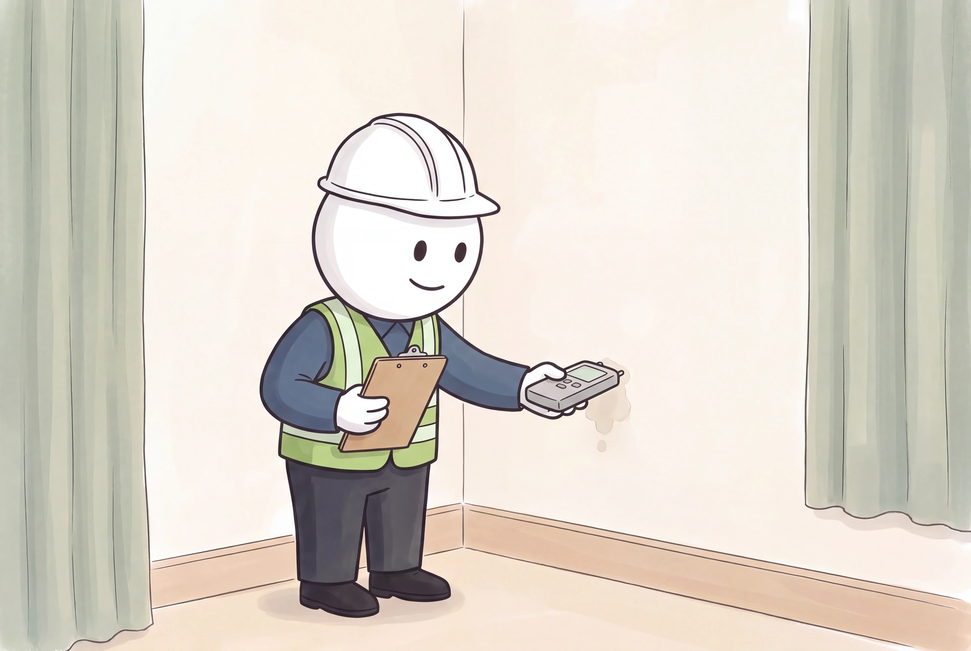 The smiling illustrated inspector uses a moisture meter at a wall stain while holding a clipboard.