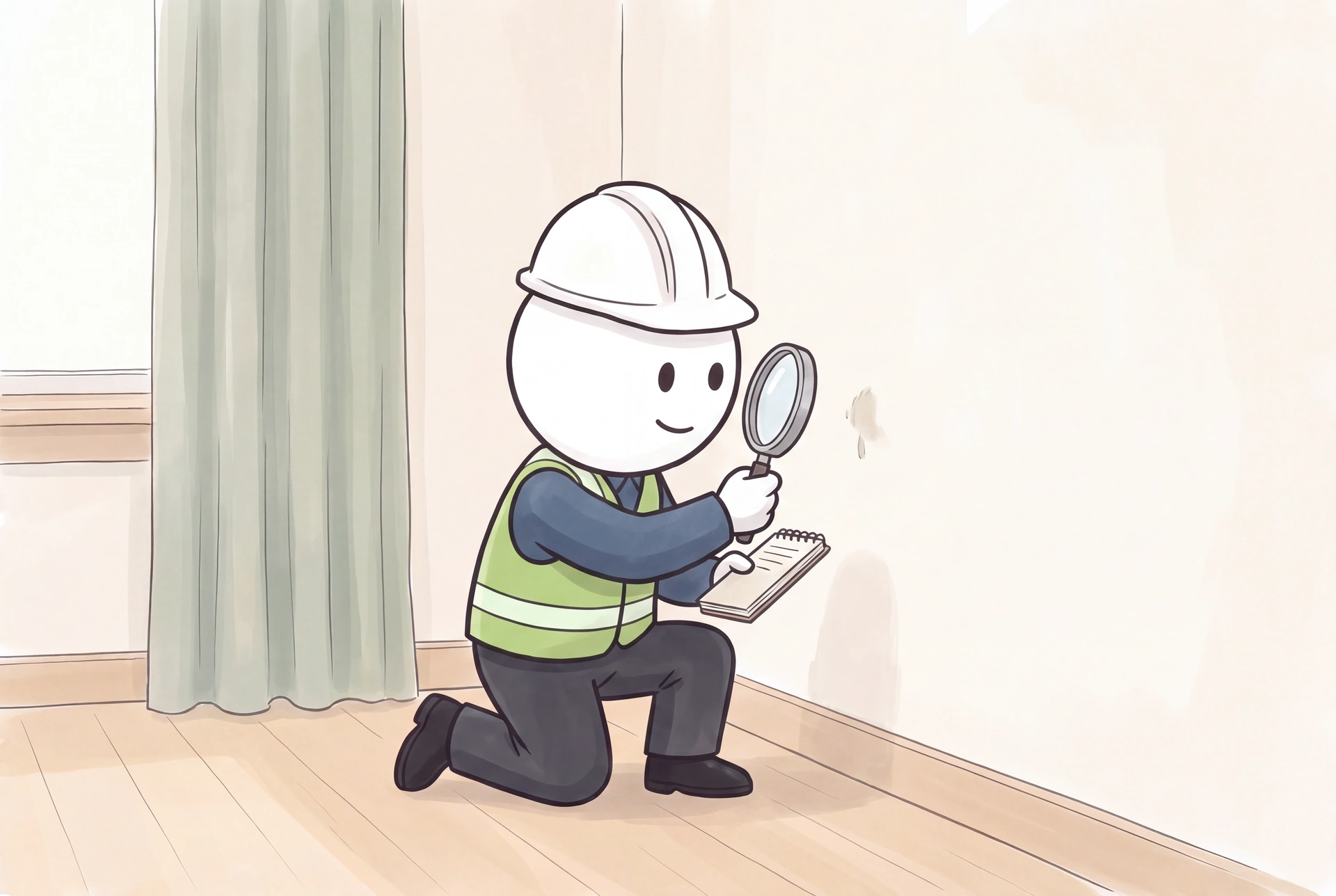 The smiling illustrated inspector examines a subtle wall mark with a magnifying glass and takes notes.