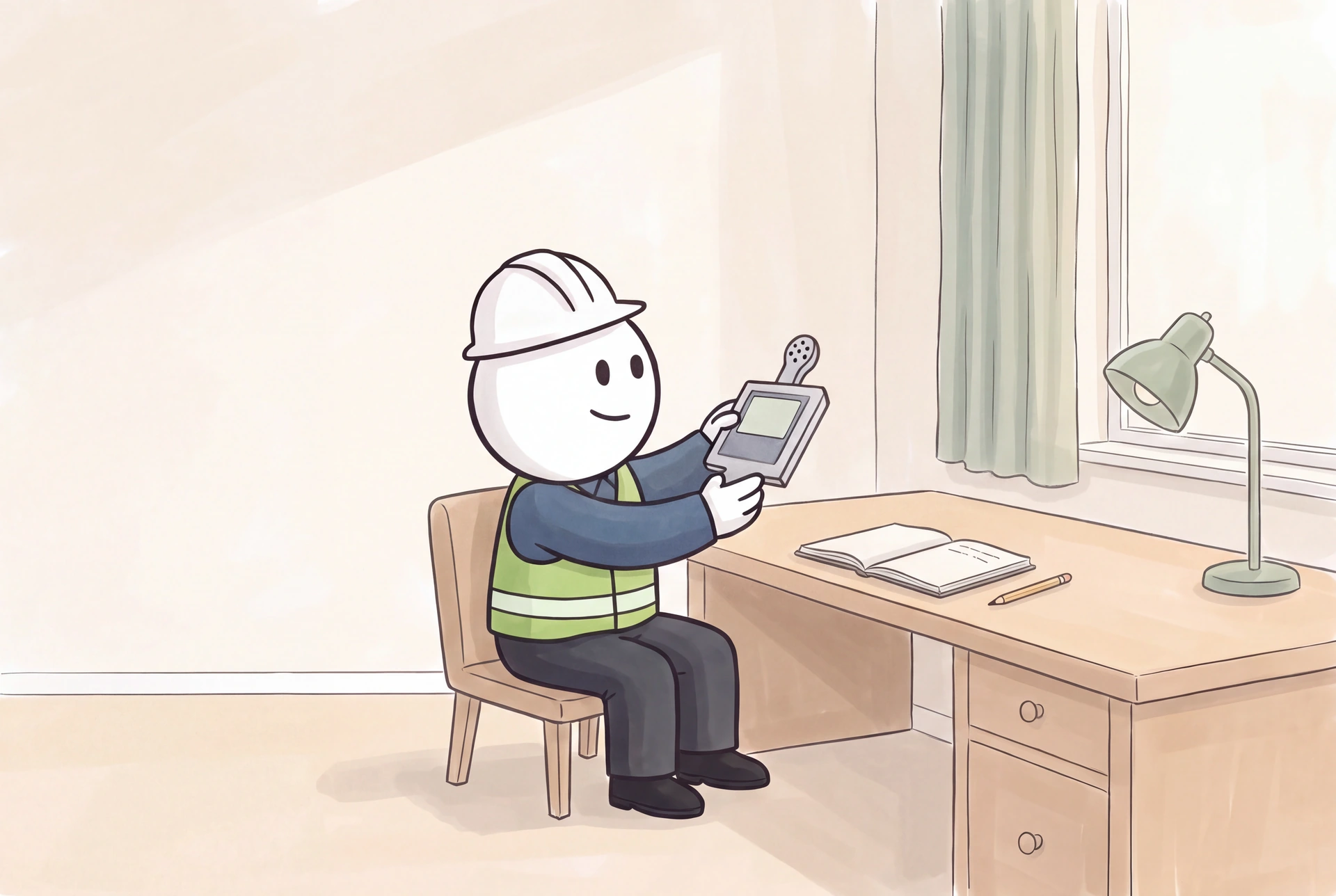 The smiling illustrated inspector uses a handheld particle monitor in a softly sketched residential room.