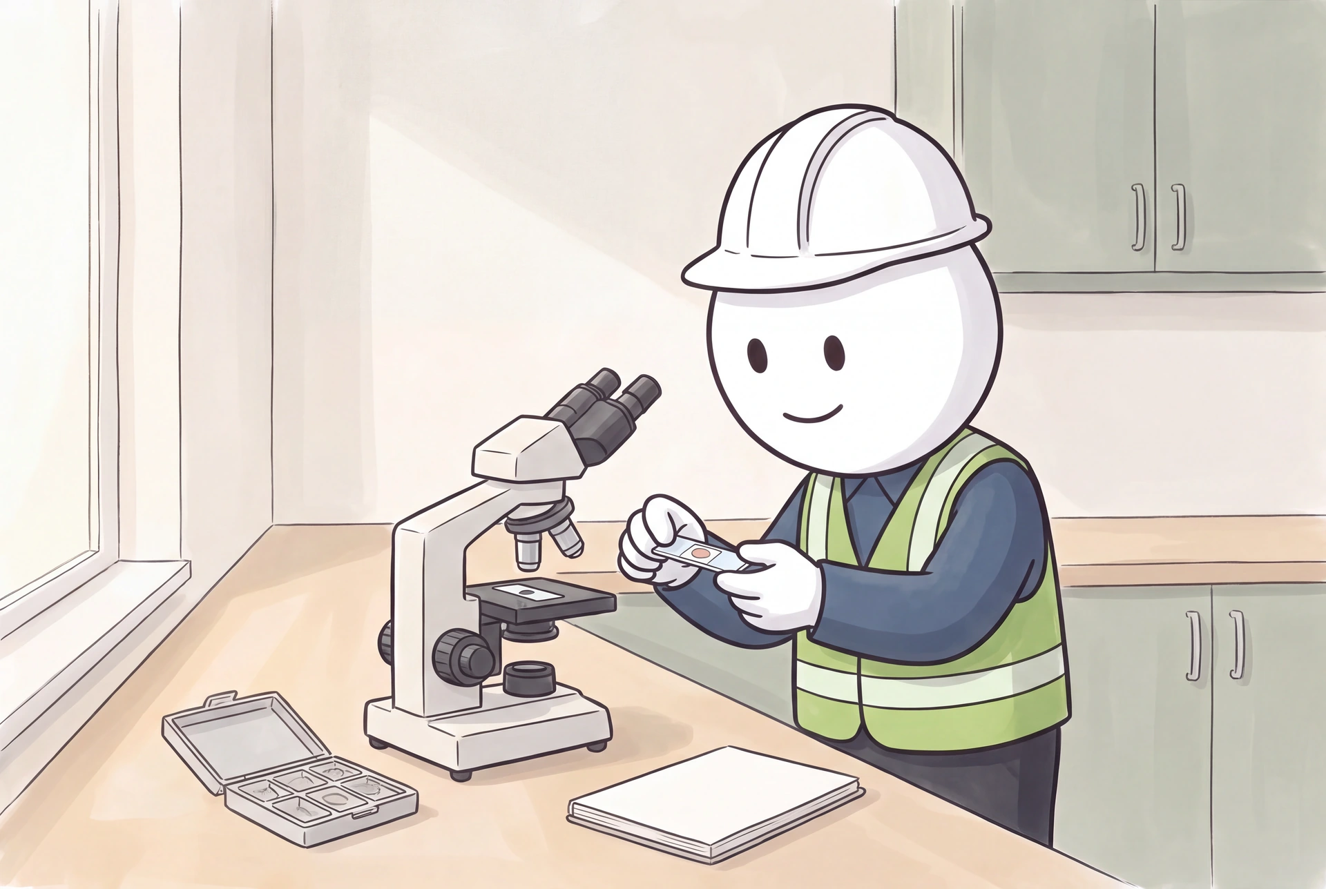 The illustrated inspector examines a collected sample with a microscope at a pale oak laboratory bench.