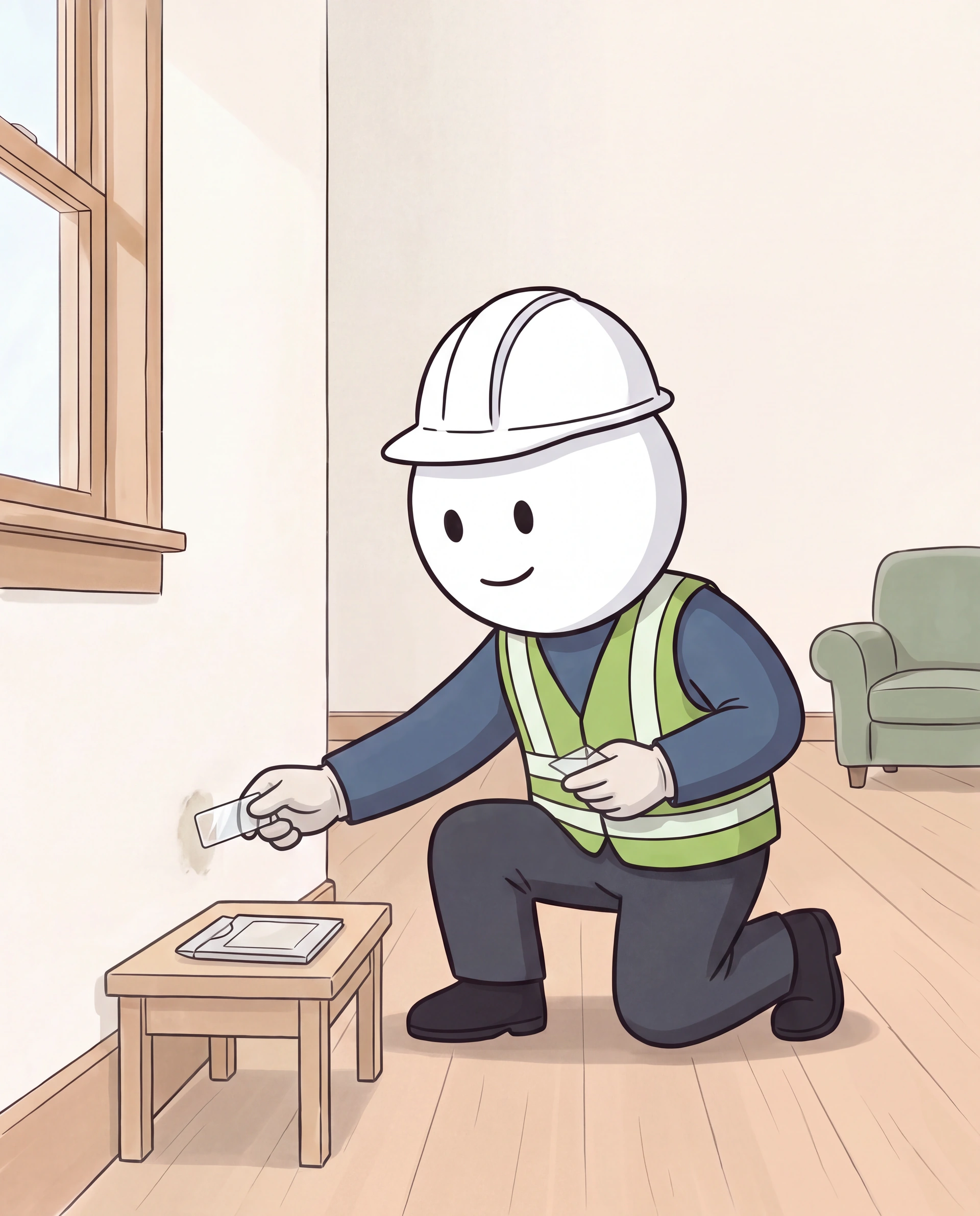 The illustrated ProDetect inspector collects a small adhesive surface sample beside a window in an ivory room.
