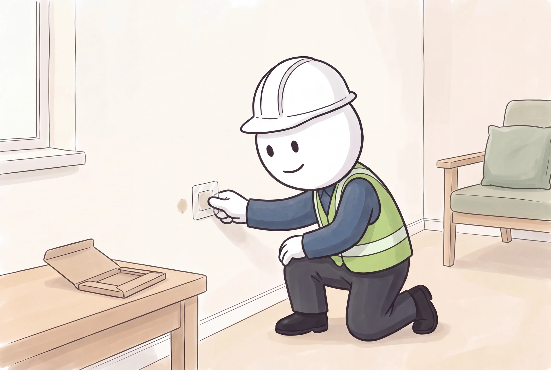 The smiling illustrated inspector collects an adhesive sample from a small area of an interior wall.
