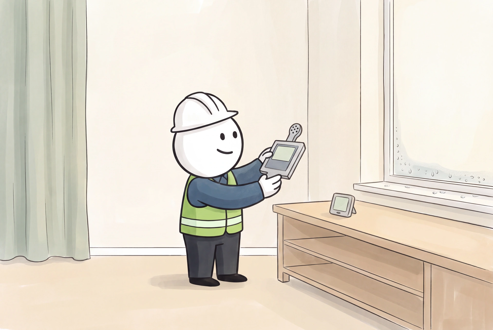 The illustrated ProDetect inspector measures room air with a handheld humidity instrument beside a window and a small data logger.