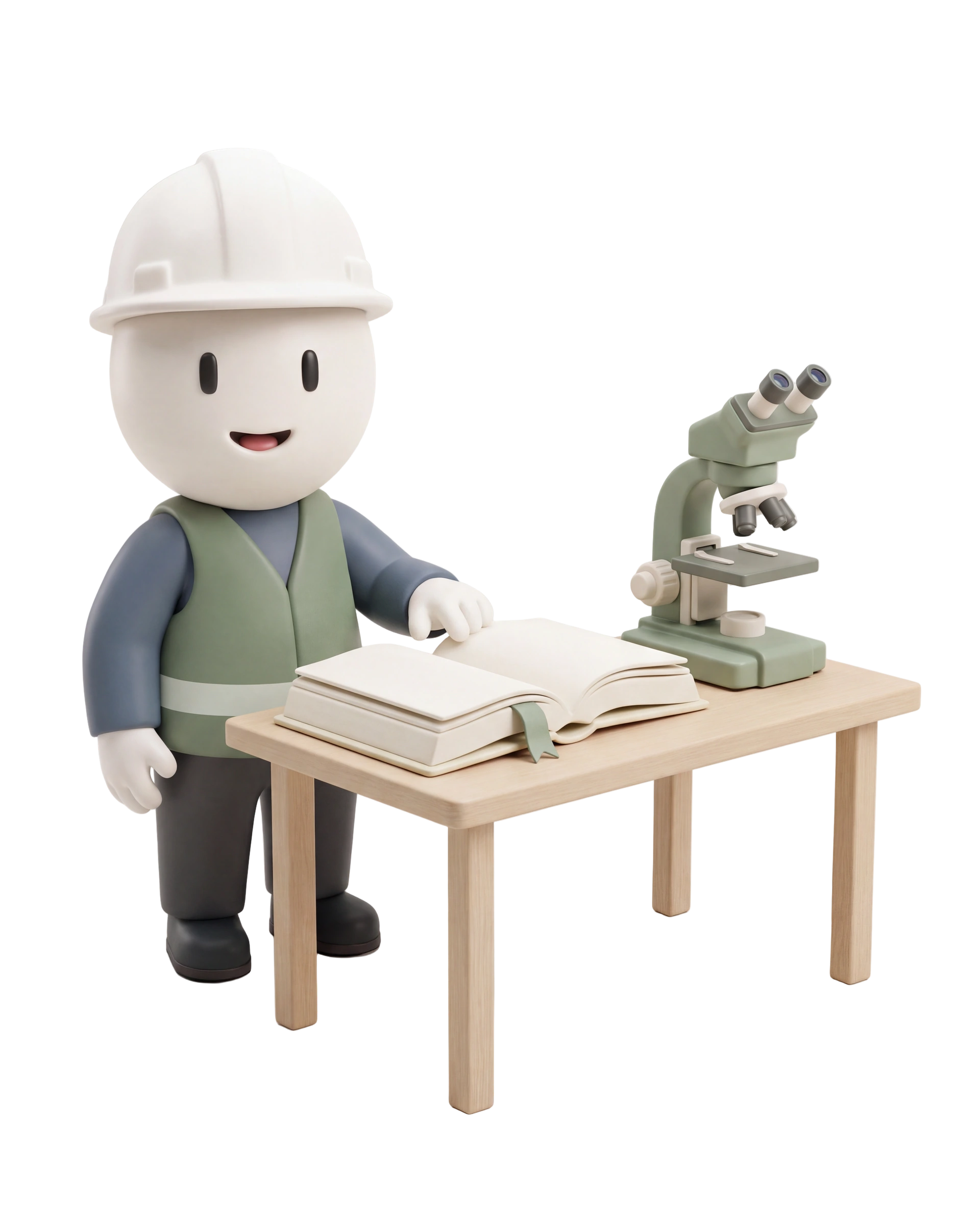 Smiling clay inspector beside an open reference handbook and microscope.