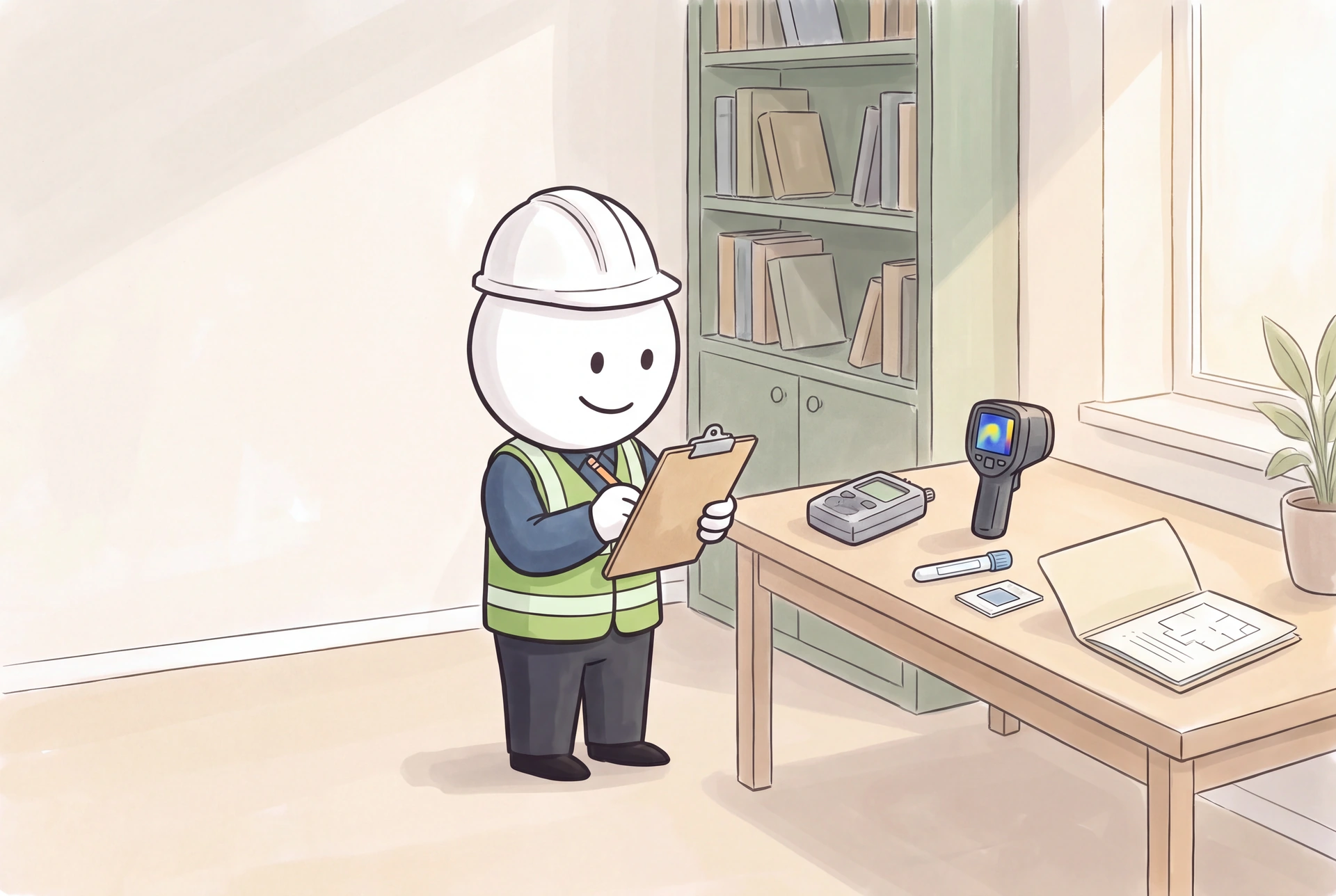The smiling illustrated inspector records findings beside an oak table with carefully arranged inspection tools and sample materials.