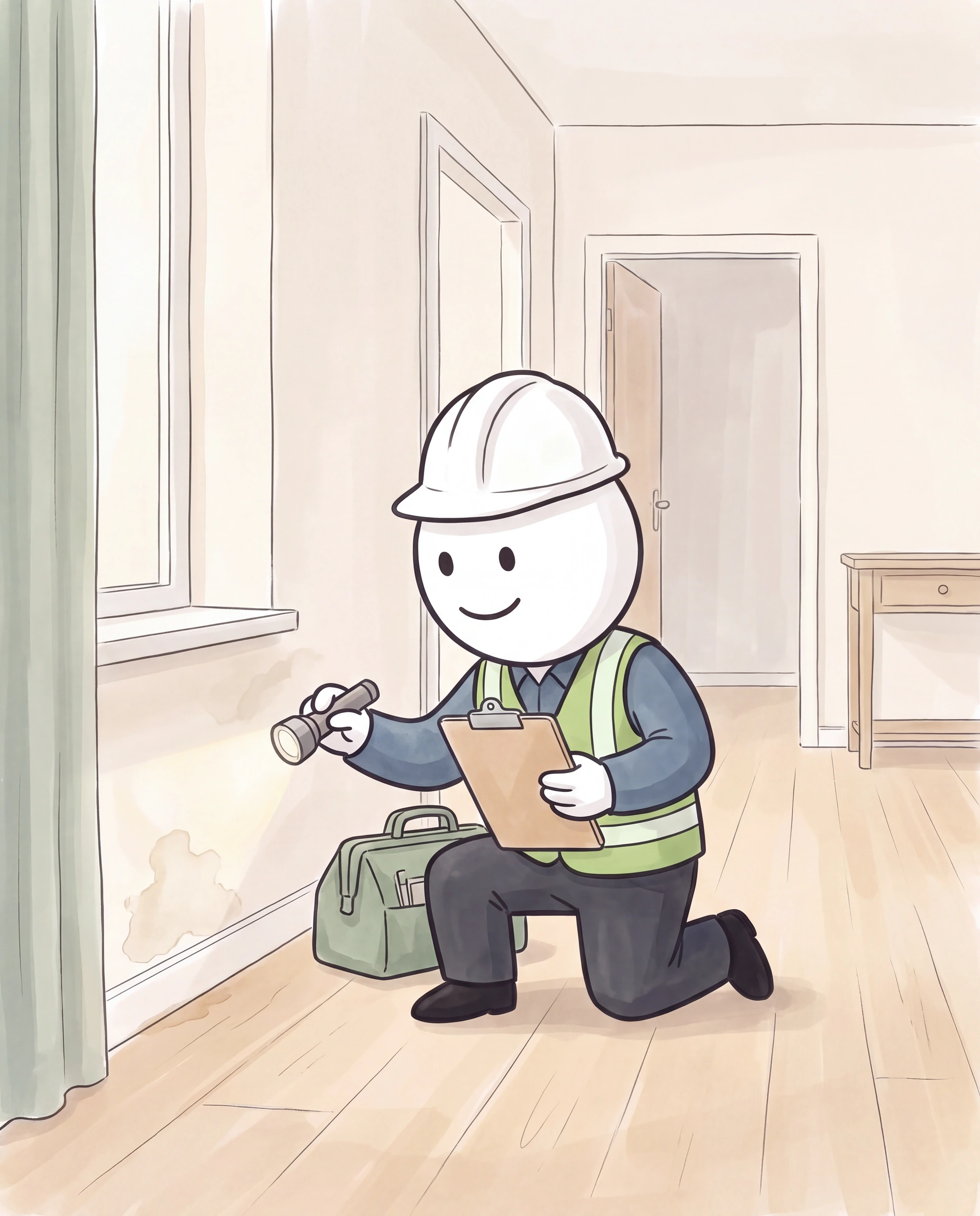 The smiling illustrated inspector examines a subtle wall stain with a flashlight and clipboard in an ivory and sage room.