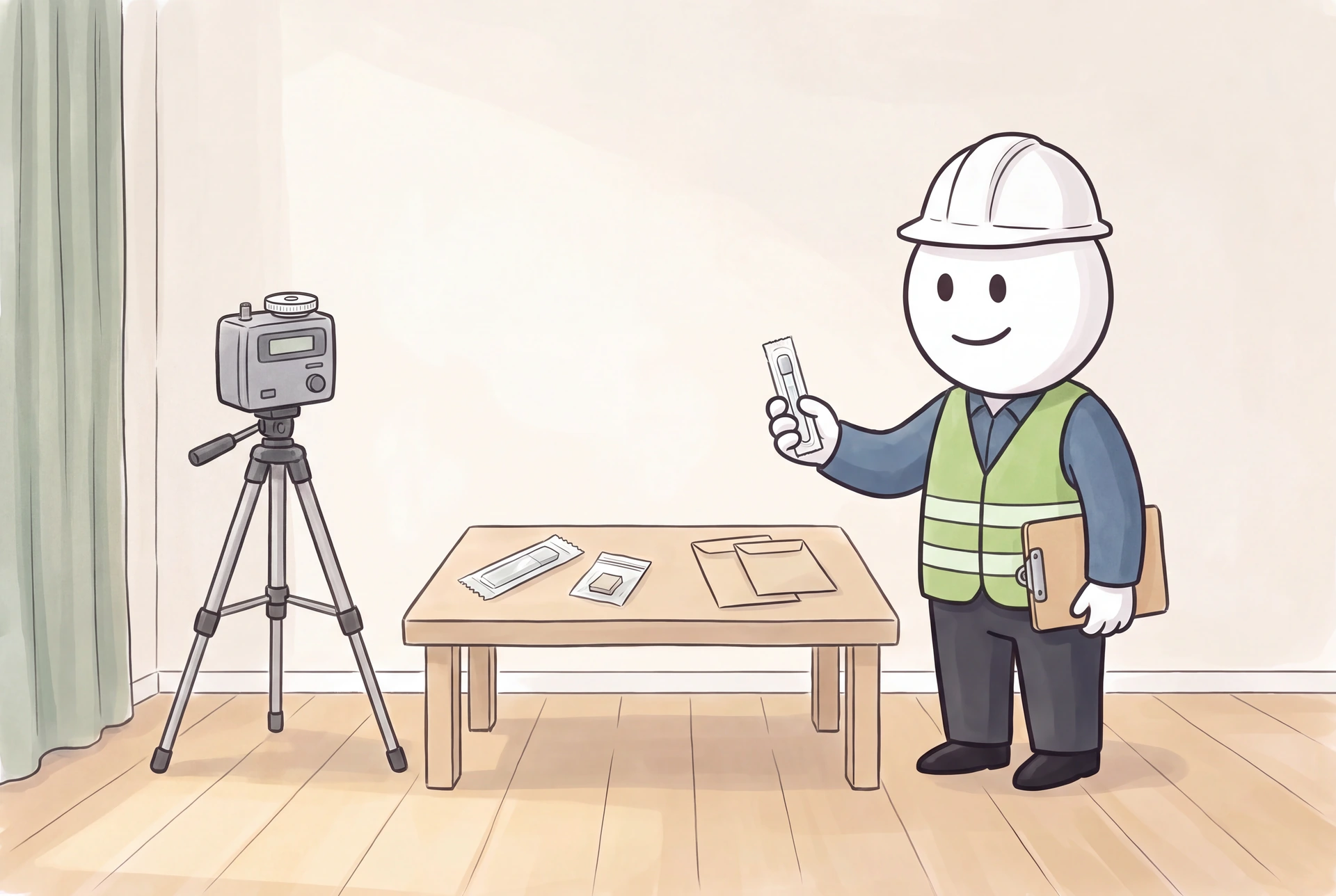 The smiling illustrated inspector presents a sealed swab beside an air sampler and an oak table with tape and material sampling supplies.