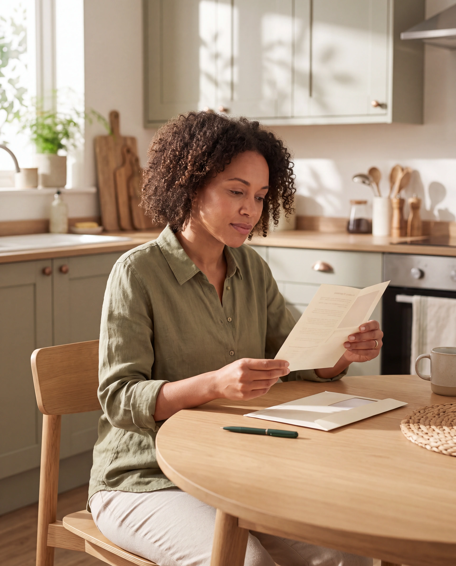Illustrative scene of a homeowner reading a collection guide at a sunlit kitchen table.
