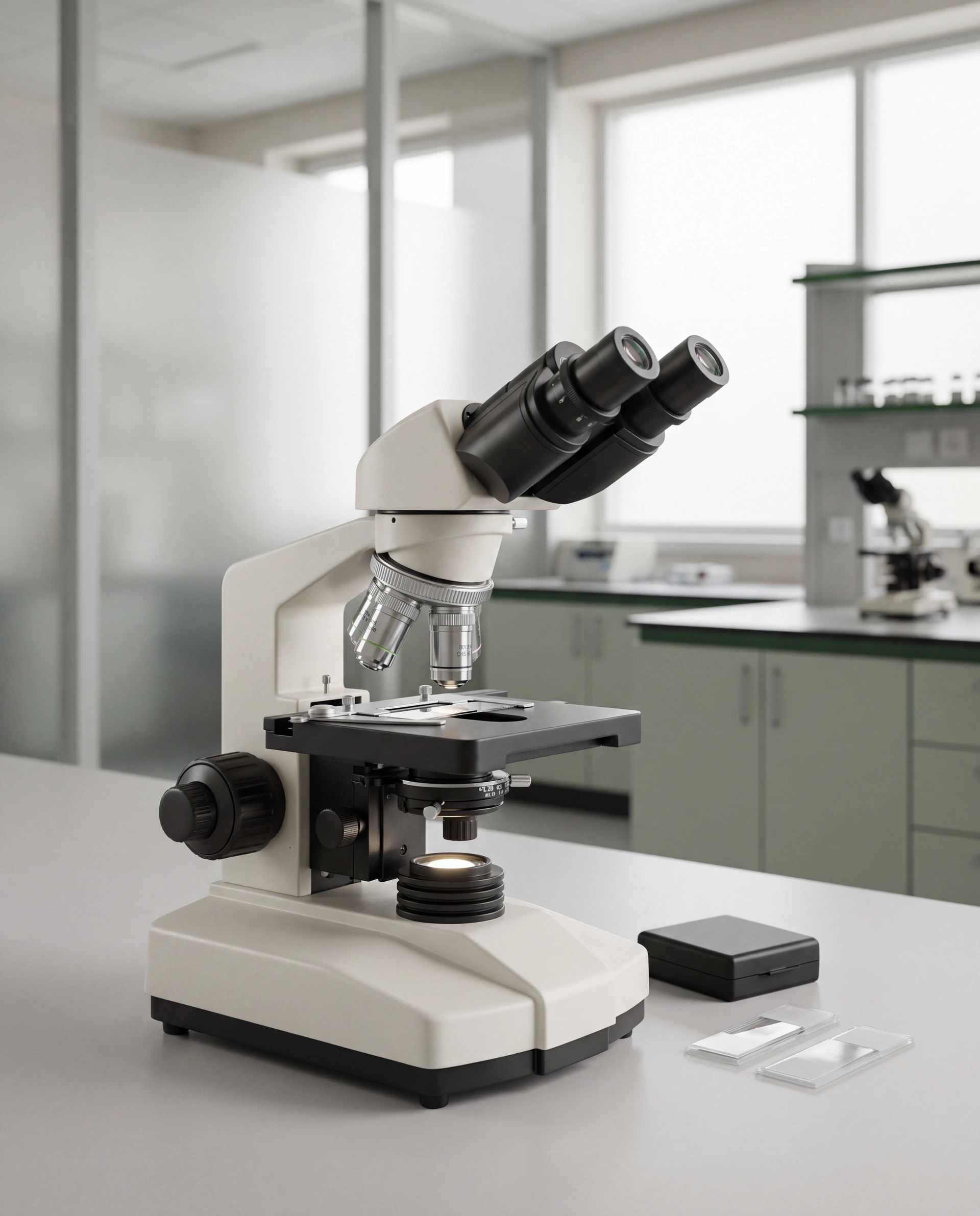 Illustrative modern laboratory with a compound microscope and prepared sample slide.
