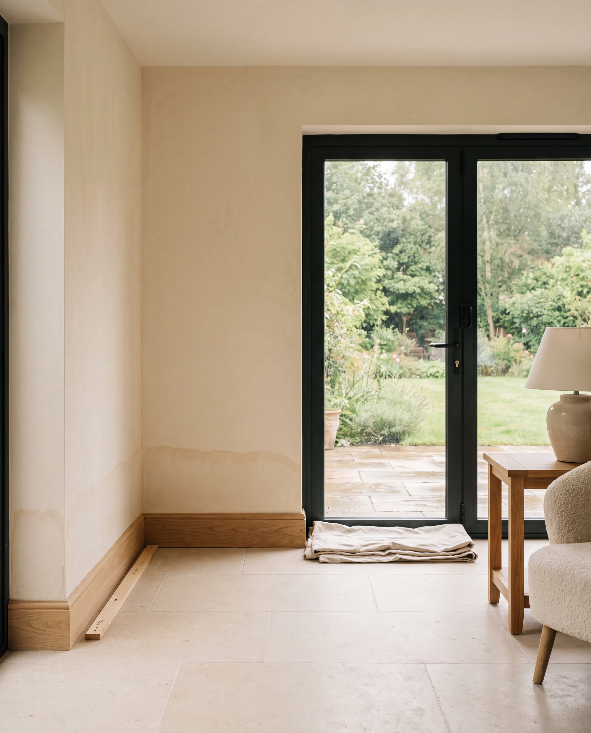 Illustrative scene of a cleared living room with low water staining after water has receded.