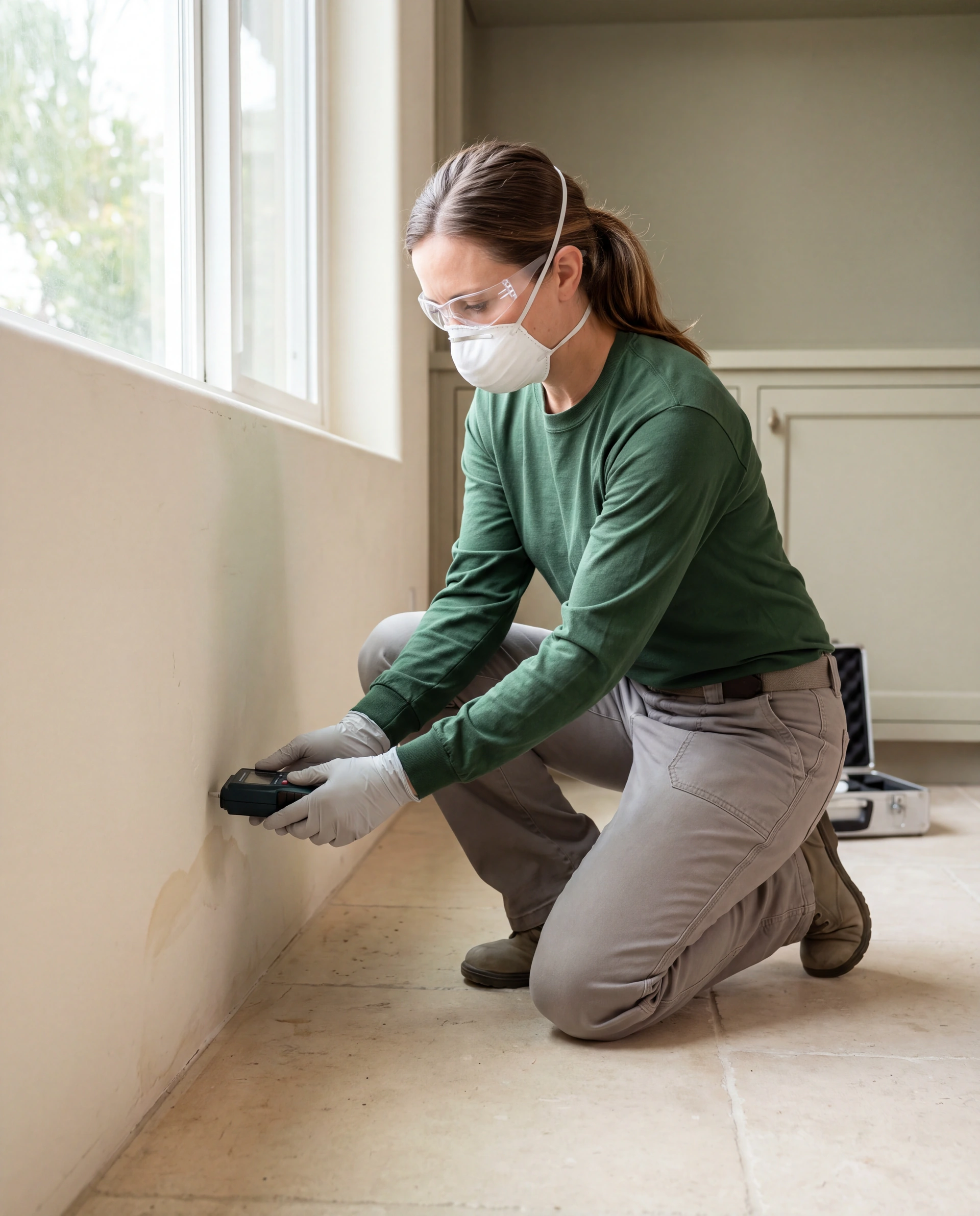 Illustrative scene of an inspector in protective equipment taking a moisture reading from a water-stained wall.