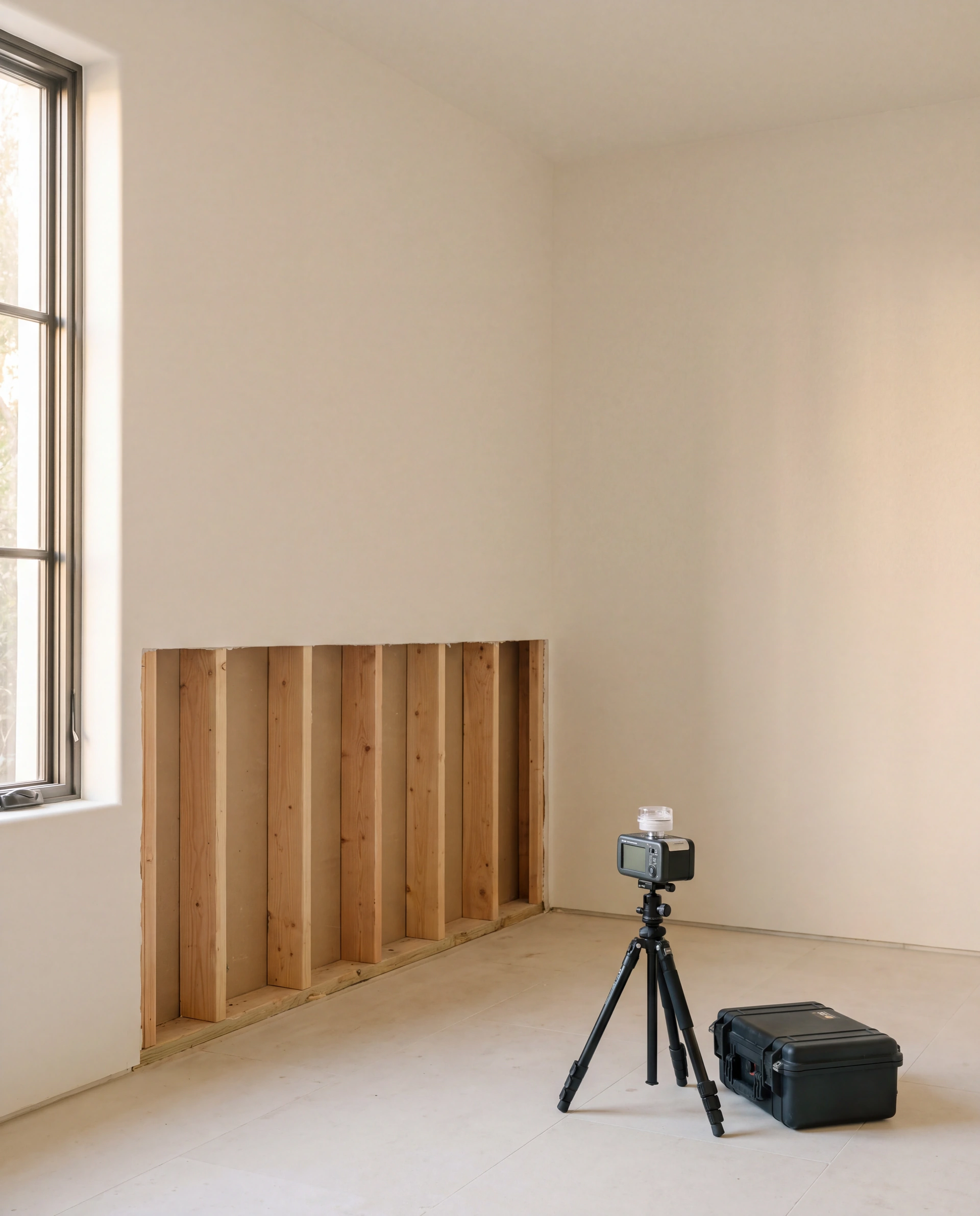 Illustrative scene of a cleaned room with exposed wall framing and air sampling equipment, ready for verification before rebuilding.