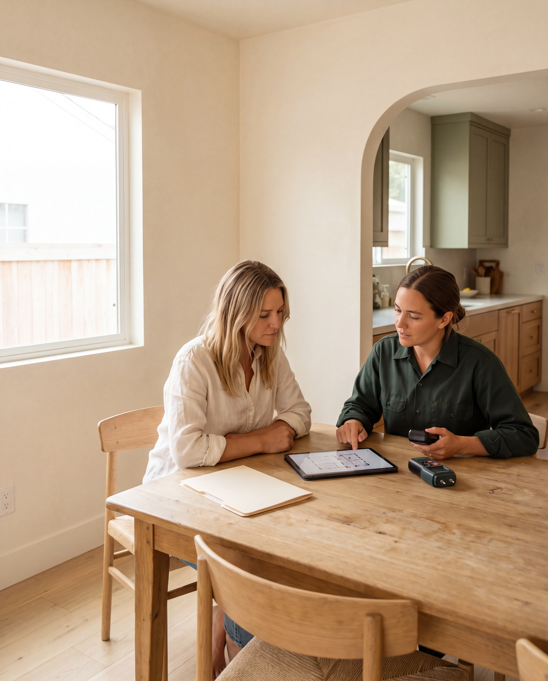 Illustrative scene of a prospective buyer and an inspector reviewing property information at a dining table.