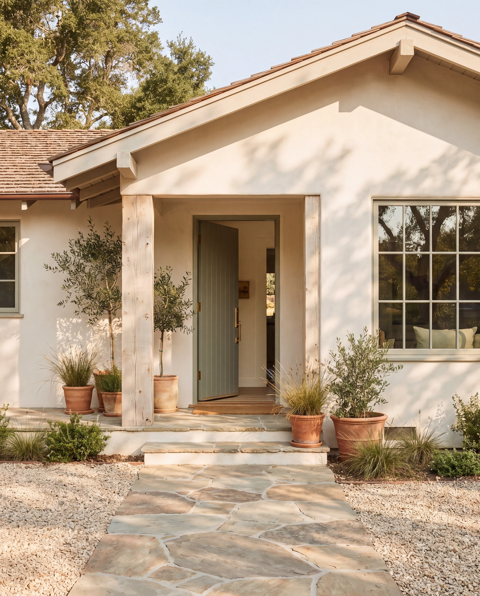 Illustrative scene of a California home with a shaded porch, sage front door, and stone garden path.