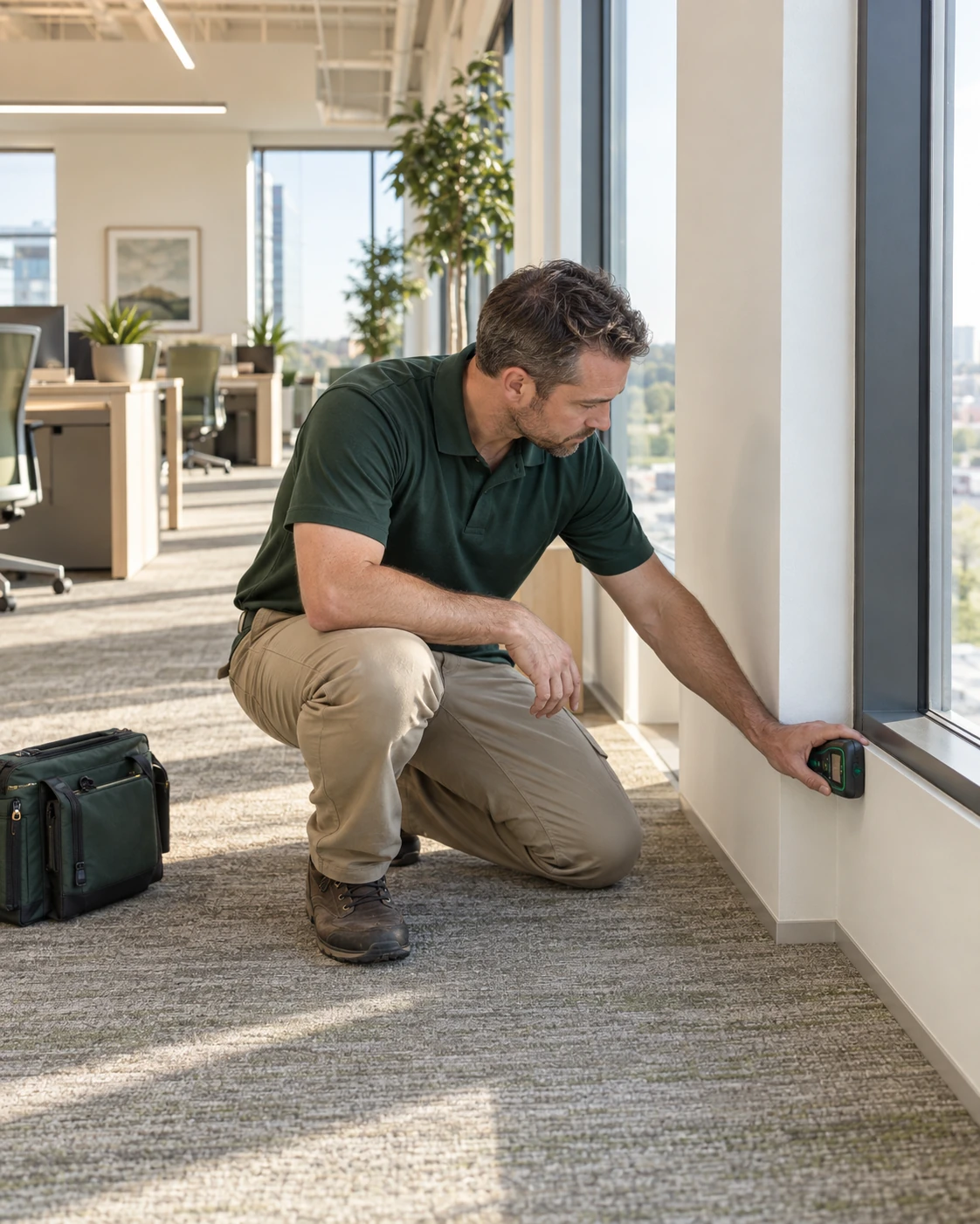 Illustrative scene of an inspector taking a moisture reading beneath a window in a commercial office