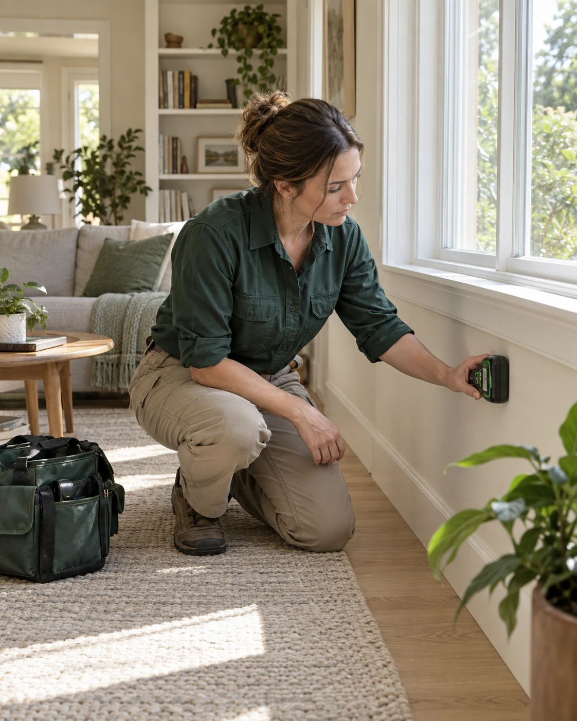 Illustrative scene of an inspector checking a wall beneath a living-room window with a moisture meter