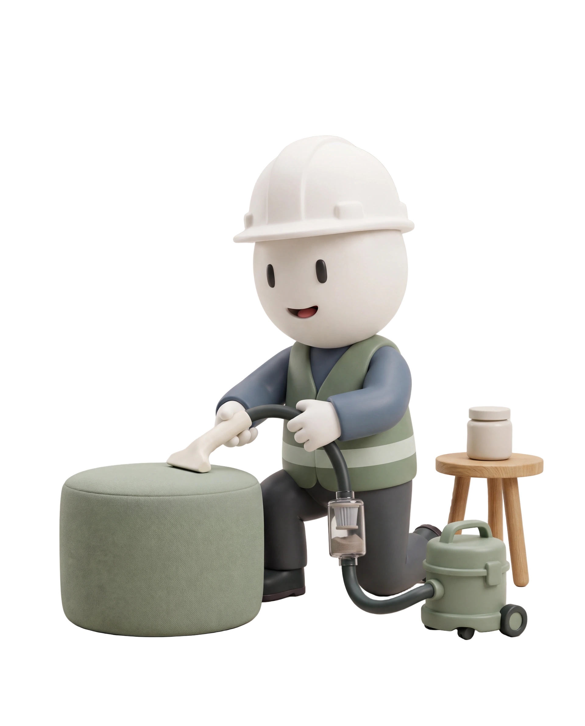 Smiling clay inspector collecting dust from a sage ottoman with a vacuum nozzle, connected hose, and collection cassette.