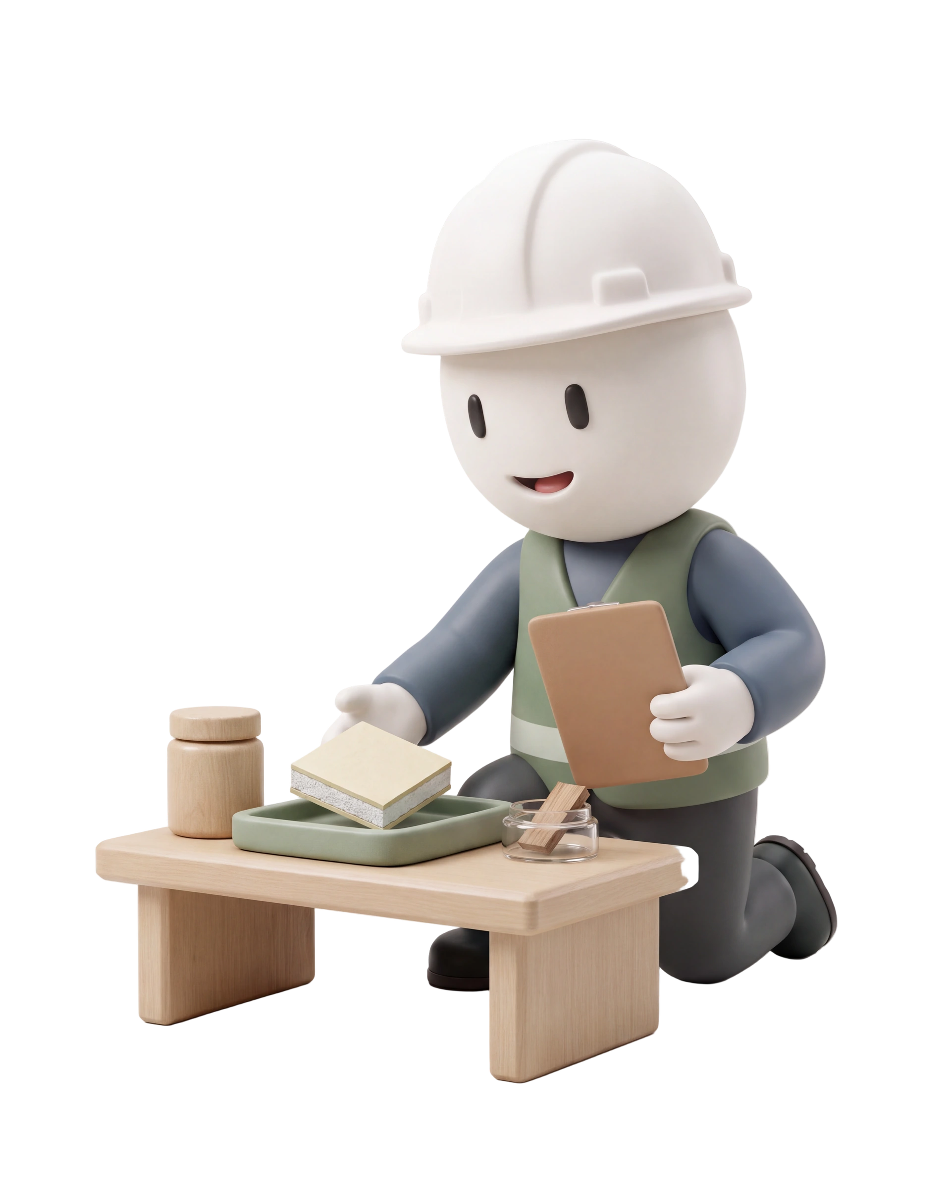 Smiling clay inspector presenting a small building-material sample and specimen container beside a sampling table.