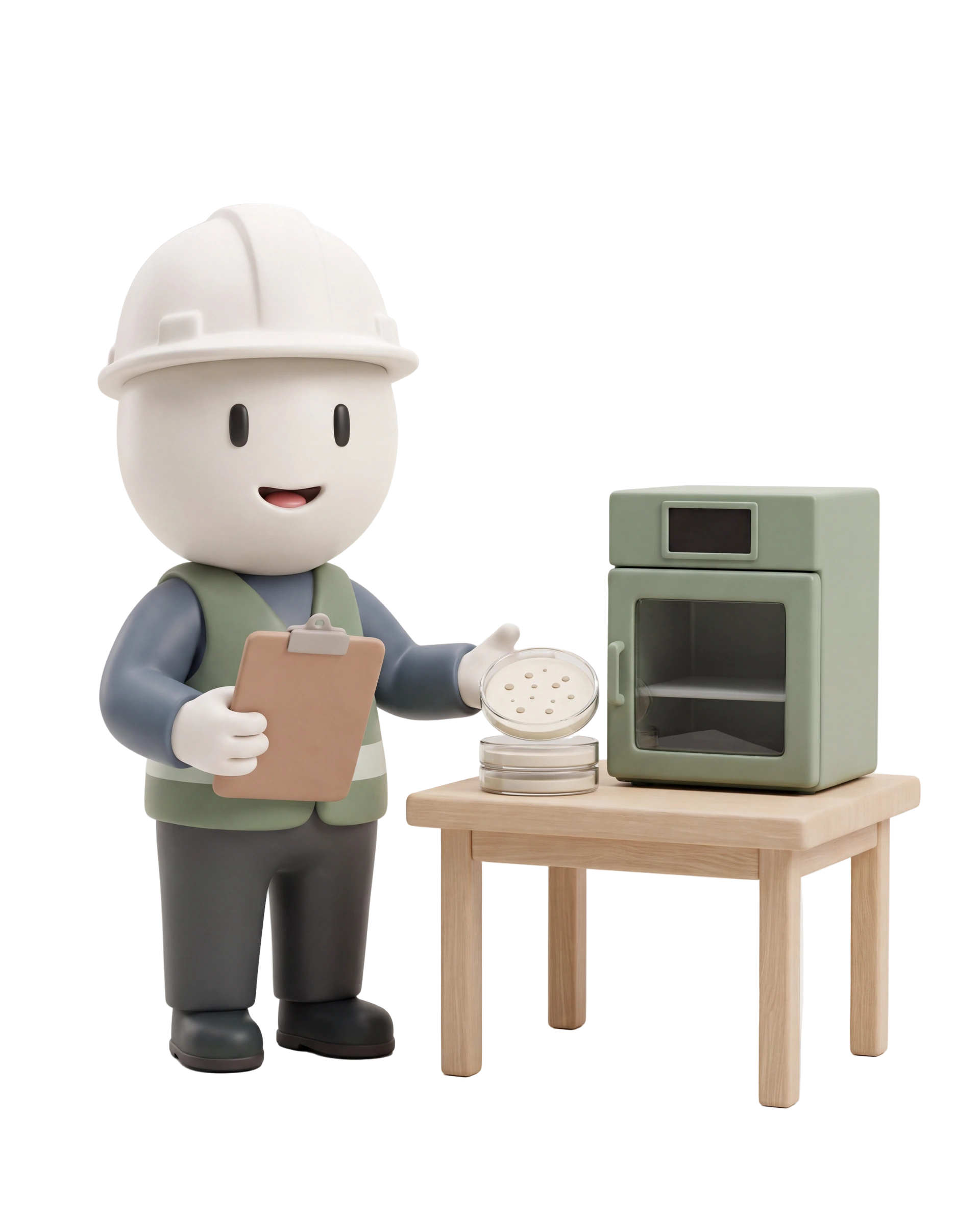 Smiling clay inspector with a clipboard beside closed culture dishes and a compact laboratory incubation cabinet.