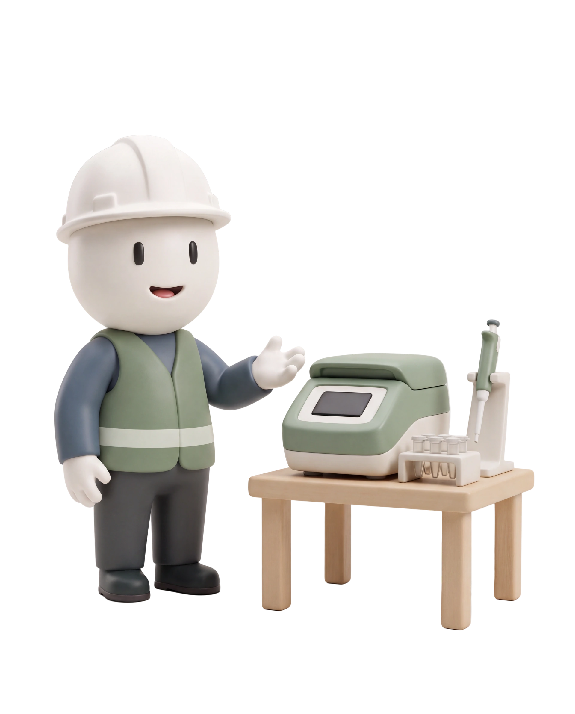 Smiling clay inspector presenting a compact PCR instrument, capped microtubes, and a pipette on a laboratory bench.