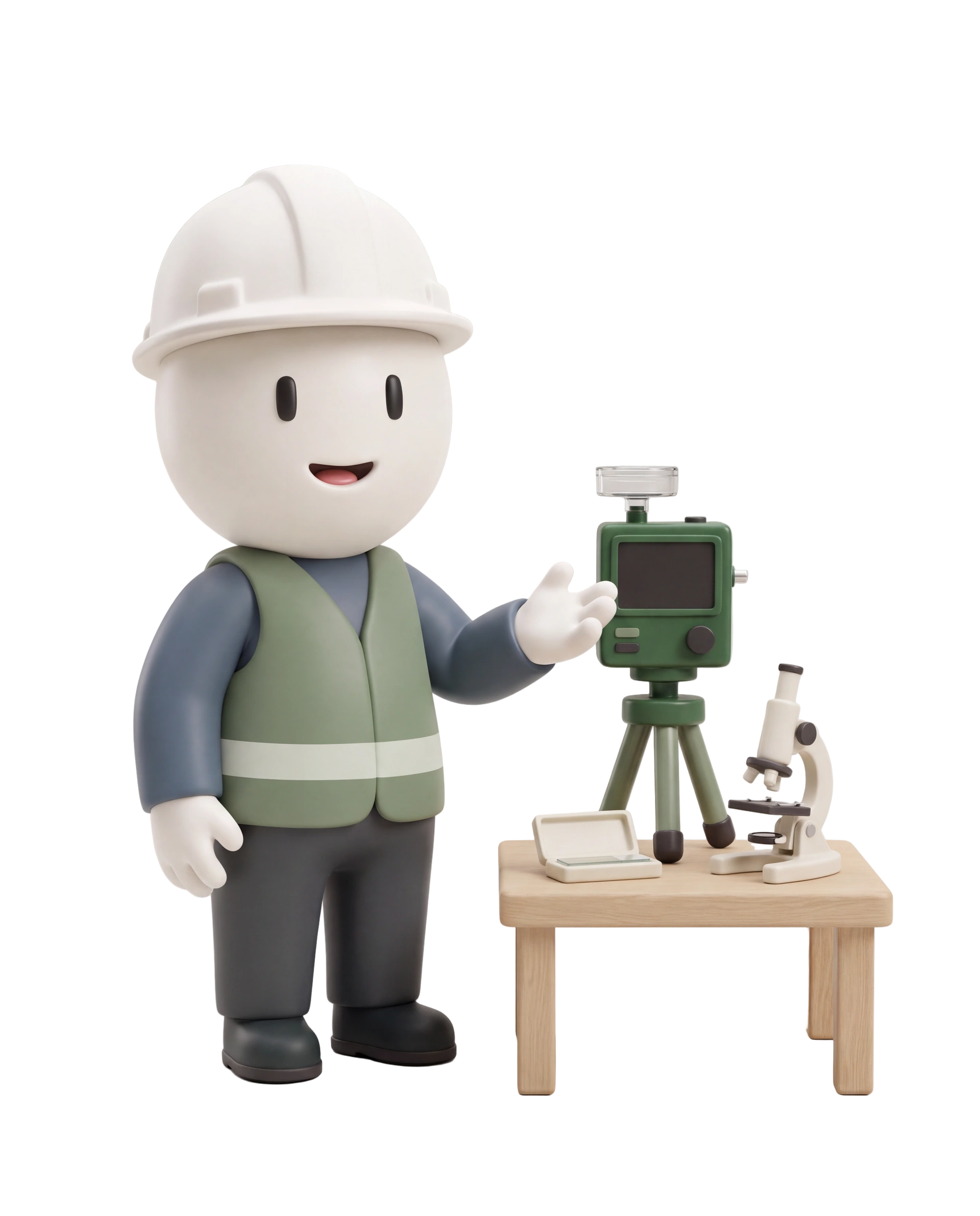Smiling clay inspector beside an air-sampling pump with a spore-trap cassette and a small microscope on a table.