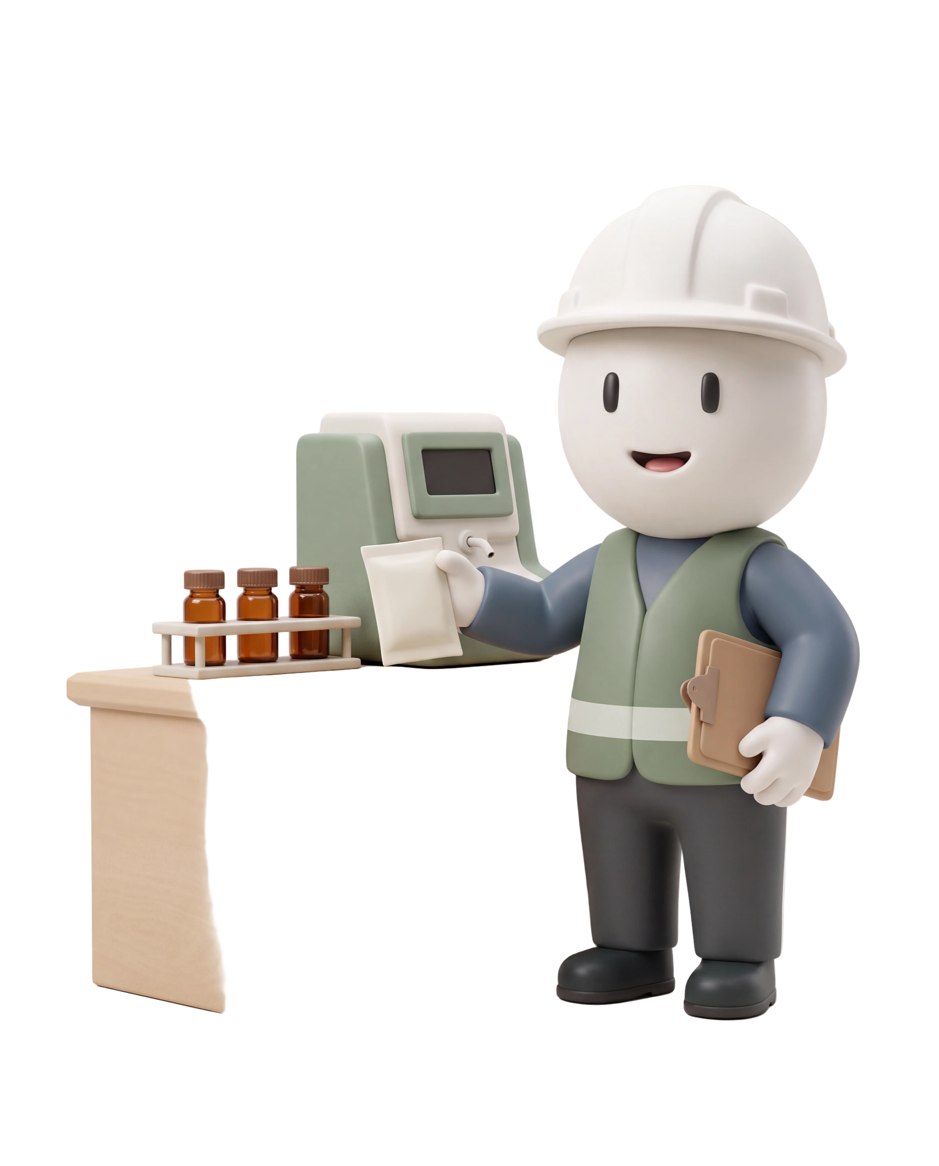 Smiling clay inspector presenting capped analytical vials and a sealed environmental sample pouch on a laboratory bench.