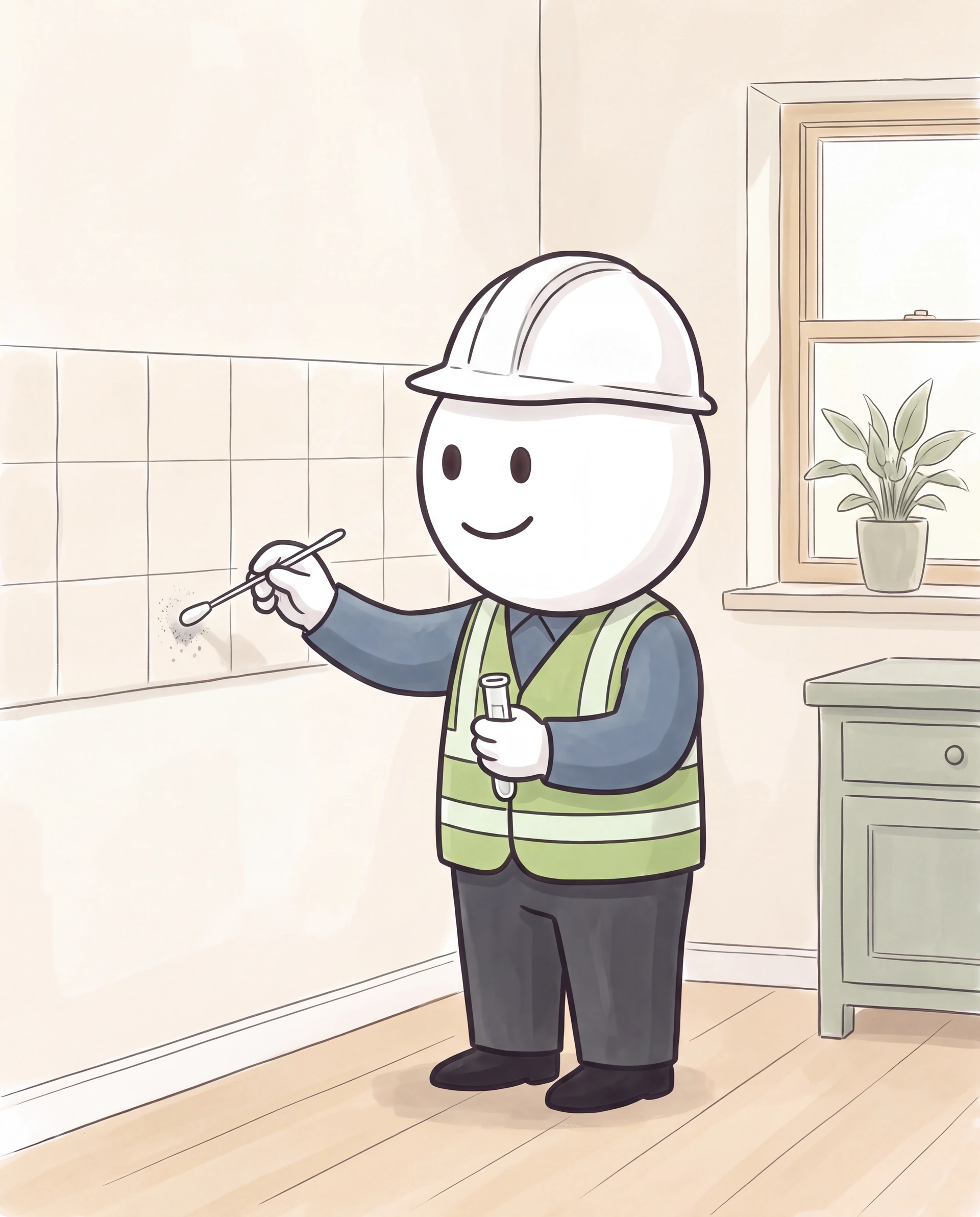 The smiling illustrated inspector collects a small surface sample with a sterile swab beside a tiled backsplash.