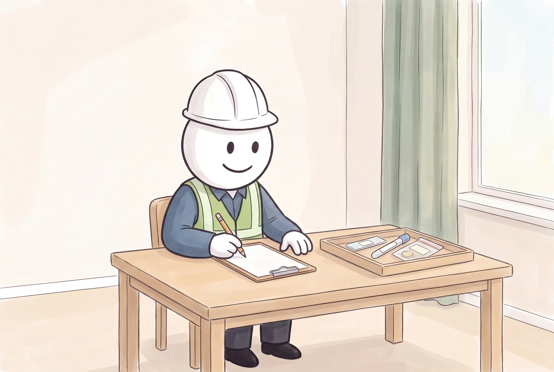 The illustrated inspector records sample details beside separately protected tape, swab, and material samples on a pale oak table.