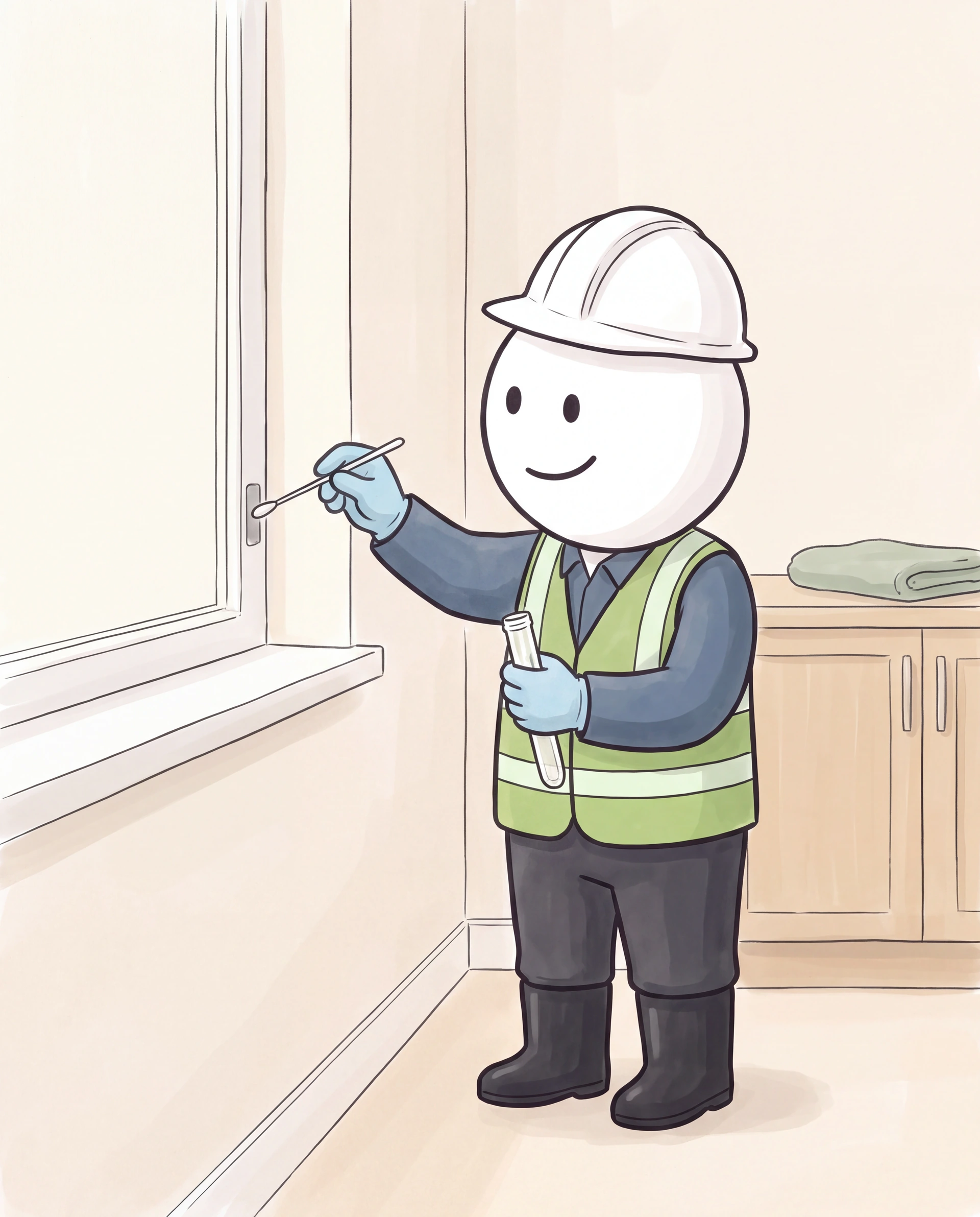 The smiling illustrated inspector uses a sterile swab to collect material from a small recess beside a window in an ivory laundry room.