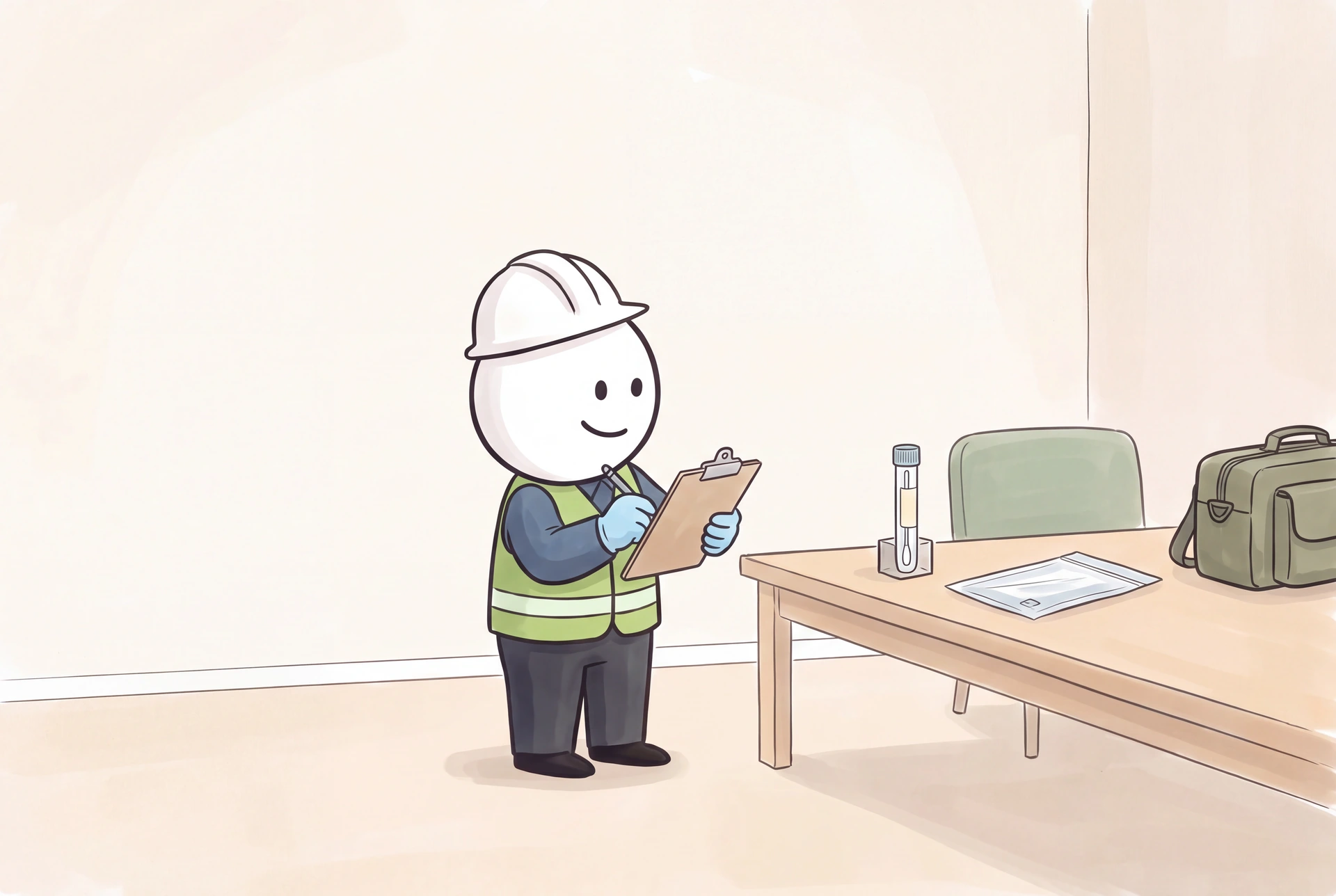 The smiling illustrated inspector documents a sample beside its sealed swab transport tube and protective pouch on a pale oak table.