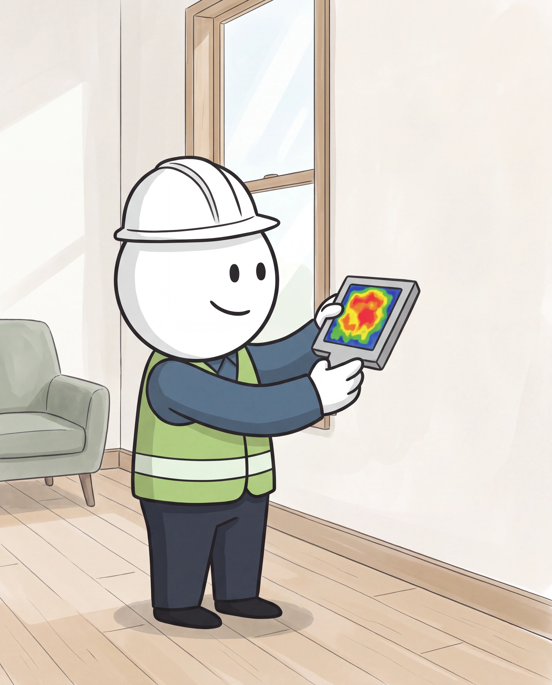 The illustrated ProDetect inspector examines an interior wall with a handheld thermal camera near a window.